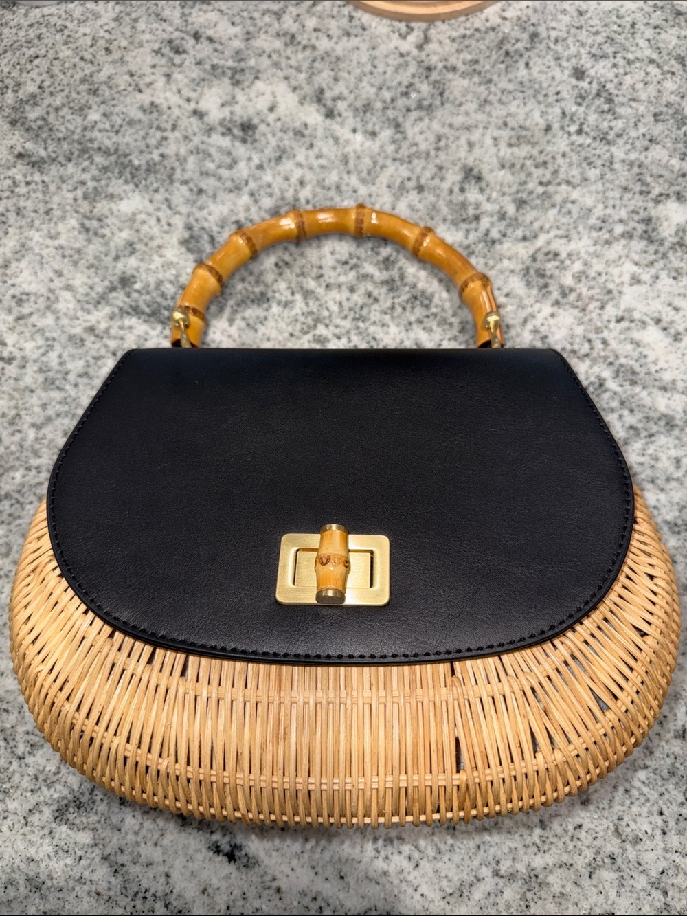 Talbots Black Leather and Natural Woven Bamboo-Handle Shoulder Bag